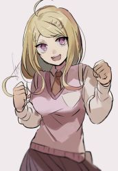 Rule 34 | 1girl, :d, ahoge, akamatsu kaede, blonde hair, brown neckwear, clenched hands, collared shirt, danganronpa (series), danganronpa v3: killing harmony, fortissimo, hair ornament, hands up, highres, huyuharu0214, long hair, musical note, musical note hair ornament, necktie, open mouth, pink eyes, pink vest, pleated skirt, shirt, simple background, skirt, smile, sweater vest, teeth, upper teeth only, vest, white background, white shirt