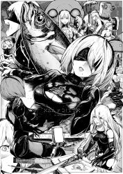 Rule 34 | 3boys, 5girls, adam (nier:automata), anemone (nier:automata), back, back cutout, bare shoulders, bikini, blindfold, unworn blindfold, blush, breasts, chopsticks, cleavage, clothing cutout, commentary request, cutting board, dark skin, dress, eating, elbow gloves, emil (nier), eve (nier:automata), closed eyes, facing viewer, feather-trimmed sleeves, fish, fishing rod, glass, gloves, greyscale, hairband, highres, holding, holding sword, holding weapon, long hair, mask, mole, mole under mouth, monochrome, multiple boys, multiple girls, nier, nier (series), nier:automata, open bikini, open clothes, open mouth, operator 21o, operator 6o, parted lips, pascal (nier:automata), pod (nier:automata), polearm, short hair, sweatdrop, swimsuit, sword, syatey, teeth, thighhighs, topless, trident, weapon, x-ray, yawning, commander (nier:automata), 2b (nier:automata), 9s (nier:automata), a2 (nier:automata)