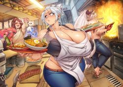 Rule 34 | 5girls, absurdres, alcohol, apron, bare shoulders, belt, blue skin, blush, bottle, bowl, breasts, brown belt, brown hair, cleavage, closed eyes, collarbone, colored skin, cooking, crop top, cup, curvy, cutting board, denim, ear piercing, fire, folded ponytail, food, gofa, hanako (debaucheryninja), high ponytail, highres, holding, holding tray, horns, huge breasts, indoors, juice box, knife, long hair, looking to the side, mole, mole under mouth, multiple girls, noodles, open mouth, original, parted lips, piercing, pink hair, pot, ramen, restaurant, sakazuki, sake, short hair, sideboob, sidelocks, standing, stove, sweat, thick thighs, thighs, tray, very long hair, white apron, white hair, wide hips, yakisoba
