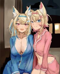 Rule 34 | 2girls, absurdres, animal ears, blonde hair, blue eyes, blue hair, breasts, buttons, cleavage, collarbone, dog ears, fake horns, fang, fuwawa abyssgard, hair ornament, highres, hololive, hololive english, horns, large breasts, looking at viewer, meme, mococo abyssgard, multicolored hair, multiple girls, navel, open mouth, photo-referenced, pink eyes, pink hair, satou rin (gobugabuge), shirt, siblings, sisters, skirt, small breasts, two-tone hair, virtual youtuber