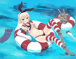 Rule 34 | 10s, 1girl, black panties, blonde hair, blue eyes, clothes lift, elbow gloves, gloves, greentanuki, innertube, kantai collection, long hair, looking at viewer, midriff, navel, panties, partially submerged, personification, rensouhou-chan, shimakaze (kancolle), shiny skin, shirt lift, skirt, solo, striped clothes, striped thighhighs, swim ring, thighhighs, underwear, unworn skirt, white gloves