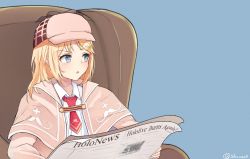 Rule 34 | 1girl, blonde hair, blouse, blue background, blue eyes, brown capelet, brown hat, capelet, collared shirt, copyright name, detective, english text, hat, highres, hololive, hololive english, meme, mustache print, necktie, newspaper, red necktie, shirt, shuuzo3, simple background, sitting, solo, tom and jerry, tom reading the newspaper (meme), virtual youtuber, watson amelia, watson amelia (1st costume), white shirt