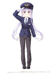 Rule 34 | 1girl, absurdres, arm up, black footwear, blue hat, blue neckwear, blush, closed mouth, collared shirt, full body, gloves, hat, highres, long hair, long sleeves, looking at viewer, new game!, official art, pants, purple eyes, purple hair, scan, shirt, smile, solo, striped neckwear, suzukaze aoba, tokunou shoutarou, twintails, uniform, white gloves, white shirt