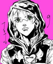 Rule 34 | 1boy, absurdres, closed mouth, earrings, green eyes, greyscale with colored background, highres, hood, hood up, jacket, jewelry, jodio joestar, jojo no kimyou na bouken, male focus, my nameisyoon, pink background, short hair, simple background, solo, spot color, the jojolands