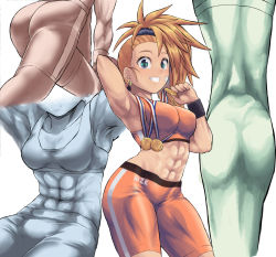 Rule 34 | 1girl, abs, arm behind head, arm up, armpits, bare shoulders, blonde hair, breasts, captain mizuki, closed mouth, commentary request, commission, copyright request, crop top, green eyes, grin, hand up, long hair, m.m, medal, medium breasts, multiple views, one-punch man, orange shorts, ponytail, short shorts, shorts, simple background, skeb commission, smile, sweatband, white background, wristband