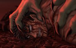 Rule 34 | 1boy, aki (akistrike), berserk, black hair, blood, blood on face, claws, clenched teeth, commentary, crying, crying with eyes open, english commentary, guts (berserk), held down, injury, male focus, no pupils, restrained, short hair, spiked hair, tears, teeth, topless, topless male, twitter username
