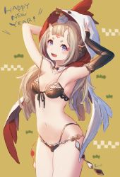 Rule 34 | 1girl, 4th, animal hood, armpits, arms up, artist name, bad id, bad pixiv id, bikini, bird, black bikini, blush, chicken, collarbone, cowboy shot, detached sleeves, fang, front-tie bikini top, front-tie top, happy new year, highres, hood, horns, long hair, navel, new year, oni horns, open mouth, original, signature, simple background, single sleeve, sketch, smile, solo, swimsuit, teeth, thick eyebrows, yellow background