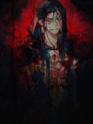 Rule 34 | 1boy, absurdres, artist request, bare pectorals, blood, blood on chest, blood on face, blue hair, chest tattoo, closed mouth, cu chulainn (fate), cu chulainn (fate) (all), cu chulainn (fate/stay night), cu chulainn alter (fate), cu chulainn alter (fate/grand order), dark blue hair, earrings, expressionless, facial mark, facial tattoo, fate/grand order, fate (series), hair over shoulder, highres, hood, huge filesize, jewelry, lancer, long hair, looking at viewer, male focus, pectorals, red background, red eyes, solo, tattoo, upper body