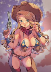 Rule 34 | 1girl, bare shoulders, bikini, blonde hair, blue bikini, blue eyes, blue sky, breasts, brown hat, chaps, cloud, collarbone, commentary request, cowboy hat, cowboy shot, gluteal fold, groin, gun, handgun, hands up, hat, highres, holding, holding gun, holding weapon, kink (tortoiseshell), large breasts, long hair, looking at viewer, multicolored nails, nail polish, navel, navel piercing, open mouth, original, partial commentary, piercing, red scarf, red thighhighs, revealing clothes, revolver, scarf, sidelocks, skindentation, sky, smile, solo, standing, star (symbol), star print, stomach, swimsuit, teeth, thighhighs, tongue, tongue out, tongue piercing, upper teeth only, wavy hair, weapon, wrist cuffs
