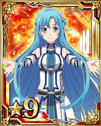 Rule 34 | 10s, 1girl, asuna (sao), asuna (sao-alo), blue eyes, blue hair, card (medium), detached sleeves, long hair, looking at viewer, pointy ears, smile, solo, star (symbol), sword, sword art online, weapon