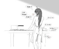 Rule 34 | ahoge, apron, blush, closed mouth, cooking, dishes, from behind, girls&#039; frontline, greyscale, heart, helianthus (girls&#039; frontline), highres, huqu, kitchen, korean text, long hair, monochrome, naked apron, pot, smile, solo, spoken heart, standing, translation request