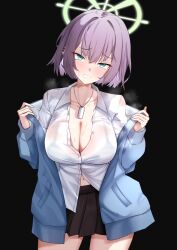 Rule 34 | 1girl, black background, black skirt, blue archive, blue cardigan, blush, breasts, buttons, cardigan, cleavage, collared shirt, cowboy shot, dog tags, espada gcon, green eyes, green halo, hair between eyes, halo, highres, large breasts, navel, open cardigan, open clothes, open mouth, pleated skirt, purple hair, saki (blue archive), shirt, short hair, simple background, skirt, solo, white shirt