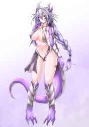Rule 34 | 1girl, absurdres, ahoge, bare shoulders, braid, breasts, claws, cleavage, closed mouth, collarbone, commentary request, commission, covered erect nipples, criss-cross halter, dragon girl, dragon horns, dragon tail, full body, g (genesis1556), gluteal fold, gradient background, grey eyes, grey one-piece swimsuit, groin, hair between eyes, hair intakes, halterneck, hand up, heterochromia, highres, horns, large breasts, long hair, looking at viewer, low-tied long hair, midriff, monster girl, multicolored hair, navel, one-piece swimsuit, original, purple background, purple eyes, purple hair, sidelocks, silver hair, simple background, single braid, skeb commission, slingshot swimsuit, solo, standing, swimsuit, tail, two-tone hair, white background