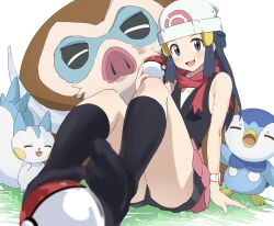 Rule 34 | 1girl, absurdres, arm support, beanie, black shirt, black shorts, black socks, blue eyes, blue hair, blurry, blurry foreground, blush, breasts, commentary request, creatures (company), dawn (pokemon), feet, holding with feet, foreshortening, game freak, gen 4 pokemon, hair ornament, hairclip, hat, head tilt, highres, knees up, legs, long hair, looking at viewer, mamoswine, multiple others, nintendo, no shoes, open mouth, pachirisu, pink skirt, piplup, poke ball print, pokemon, pokemon (anime), pokemon (creature), pokemon dppt (anime), poketch, rauto, red scarf, scarf, shirt, shorts, shorts under skirt, sidelocks, sitting, skirt, sleeveless, sleeveless shirt, small breasts, socks, thighs, watch, white background, white headwear, wristwatch