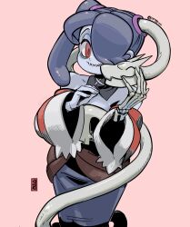 Rule 34 | 1girl, 770mk, blue hair, blue skin, colored skin, cuddling, detached collar, detached sleeves, dress, highres, leviathan (skullgirls), looking at another, pink background, red eyes, side ponytail, skeletal arm, skullgirls, smile, solo, squigly (skullgirls), stitched mouth, stitches, striped sleeves, zombie