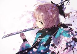 Rule 34 | 1girl, ahoge, bad id, bad pixiv id, black scarf, blonde hair, bow, cherry blossoms, commentary request, fate (series), from above, from behind, green eyes, hair bow, half updo, highres, holding, holding sword, holding weapon, japanese clothes, katana, kimono, koha-ace, looking at viewer, okita souji (fate), okita souji (koha-ace), parted lips, petals, ponytail, reflection, revision, sakurano shiyue, scarf, shinsengumi, short hair, solo, sword, weapon