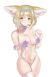 Rule 34 | 1girl, :o, absurdres, aged up, animal ear fluff, animal ears, arknights, arm behind back, bare shoulders, blonde hair, blush, braid, braided hair rings, breasts, center opening, cleavage, cowboy shot, detached collar, flower, fox ears, green eyes, hair rings, highres, katyusha (2327119280), large breasts, looking at viewer, navel, no tail, parted lips, purple flower, revision, short hair, simple background, solo, stomach, suzuran (arknights), thighhighs, white background, white thighhighs