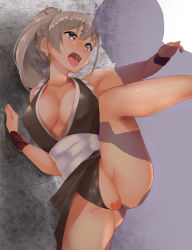 Rule 34 | 1girl, absurdres, black panties, blue eyes, breasts, censored, cleavage, commentary request, commission, cosplay, fatal fury, grey hair, heart, heart censor, highres, hisakawa hayate, idolmaster, idolmaster cinderella girls, kon5283, large breasts, long hair, looking at another, ninja, open mouth, panties, pelvic curtain, pixiv commission, ponytail, revealing clothes, saliva, scrunchie, see-through silhouette, sex, shiranui mai, shiranui mai (cosplay), spread legs, the king of fighters, thigh grab, underwear, wrist scrunchie