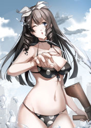 Rule 34 | 1girl, absurdres, aircraft, bare shoulders, bikini, black bikini, black hair, blue eyes, blue sky, bow, breasts, city, cleavage, collarbone, drill, from behind, girls&#039; frontline, gun, hair bow, highres, holding, holding weapon, howa type 64 (girls&#039; frontline), long hair, looking at viewer, lubikaya, medium breasts, navel, one eye closed, open mouth, rifle, simple background, sky, solo, standing, swimsuit, water, weapon, white bow