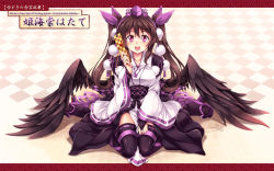 Rule 34 | 1girl, :d, black thighhighs, breasts, brown hair, cellphone, character name, female focus, hair ribbon, hat, highres, himekaidou hatate, japanese clothes, kourindou tengu costume, letterboxed, long hair, open mouth, outside border, phone, pointy ears, purple eyes, ribbon, sitting, smile, solo, thighhighs, tokin hat, touhou, twintails, wariza, windart, wings