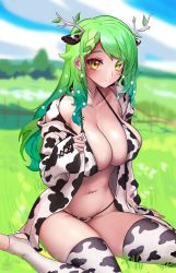 Rule 34 | 1girl, absurdres, animal print, antlers, bikini, blush, breasts, ceres fauna, cow print, cow print bikini, cow print thighhighs, field, grass, green hair, highres, hololive, hololive english, horns, jacket, large breasts, navel, print bikini, print thighhighs, sitting, smile, solo, stirrup legwear, swimsuit, thighhighs, thighs, toeless legwear, unstableboiler, virtual youtuber, wariza, yellow eyes