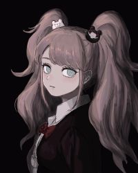 Rule 34 | 1girl, bear hair ornament, black background, black shirt, blush, bow, breasts, collared shirt, commentary request, crazy eyes, danganronpa: trigger happy havoc, danganronpa (series), enoshima junko, expressionless, from side, grey eyes, hair ornament, highres, long hair, long sleeves, looking at viewer, red bow, renshu usodayo, shirt, solo, twintails, upper body