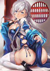 Rule 34 | 1girl, alternate costume, ass, azur lane, belfast (azur lane), belfast (iridescent rosa) (azur lane), belfast (iridescent rosa) (azur lane), black footwear, blue dress, blue eyes, blue panties, blush, braid, breasts, china dress, chinese clothes, closed mouth, clothes lift, collar, dress, dress lift, earrings, folded fan, folding fan, french braid, from behind, hand fan, heart, heart earrings, high heels, highres, himuro shunsuke, holding, holding fan, indoors, jewelry, large breasts, lifting own clothes, light smile, long hair, looking at viewer, looking back, panties, side-tie panties, side braid, side slit, silver hair, sitting, solo, string panties, thick thighs, thighhighs, thighs, underwear, white thighhighs