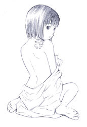 Rule 34 | 1girl, back, bandages, barefoot, feet, monochrome, original, short hair, sketch, soles, solo, traditional media, white background, yoshitomi akihito