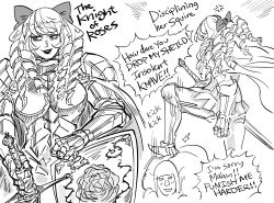 Rule 34 | 1boy, 1girl, anger vein, armor, bb (baalbuddy), boobplate, bow, breastplate, drill hair, emphasis lines, english text, fantasy, flower, gauntlets, greyscale, hair bow, highres, holding, holding sword, holding weapon, lipstick, makeup, masochism, monochrome, original, peasant, rose, shield, smile, sword, typo, weapon