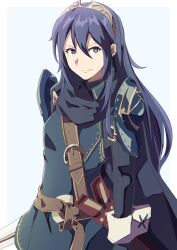 Rule 34 | 1girl, absurdres, armor, blue cape, blue eyes, blue hair, brand of the exalt, cape, closed mouth, fire emblem, fire emblem awakening, hair between eyes, highres, long hair, long sleeves, looking at viewer, lucina (fire emblem), nintendo, sheath, shoulder armor, smile, solo, symbol in eye, tiara, to (tototo tk), upper body, white background