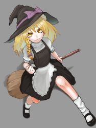 Rule 34 | 1girl, black footwear, black hat, black skirt, black vest, blonde hair, bow, braid, broom, clenched hand, closed mouth, commentary request, cookie (touhou), full body, grey background, hair bow, hat, hat bow, highres, holding, holding broom, johnnyyyyy, kirisame marisa, long hair, looking at viewer, mary janes, purple bow, shirt, shoes, side braid, simple background, single braid, skirt, socks, solo, touhou, turtleneck, uzuki (cookie), vest, white shirt, white socks, yellow eyes