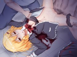 Rule 34 | 1girl, 2boys, blonde hair, blood, breasts, censored, character request, cleavage, corpse, death, empty eyes, guro, highres, injury, male pubic hair, medium hair, multiple boys, necrophilia, penis, pubic hair, pussy, sex, spread legs, vaginal, yotaka (d8spc4r3)