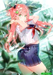Rule 34 | 1girl, absurdres, arms up, artist name, blue skirt, blush, bow, breasts, day, dsmile, green eyes, hair bow, hair ornament, hairclip, highres, long hair, looking at viewer, medium breasts, melonbooks, outdoors, parted lips, partially submerged, pink hair, pleated skirt, scan, shiny skin, short sleeves, skirt, solo, wading, water, waterfall
