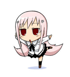 Rule 34 | 1girl, \o/, arms up, chibi, flower, hair flower, hair ornament, kazuho (kazu-ho-ho), long hair, long sleeves, lucy maria misora, open mouth, outstretched arms, pink hair, red eyes, ribbon, school uniform, simple background, solo, standing, standing on one leg, to heart (series), to heart 2, tsurime, very long hair