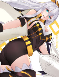 Rule 34 | 1girl, absurdres, artist name, bare shoulders, blue eyes, boots, breasts, brown footwear, brown shirt, brown shorts, cecilia schariac, cleavage, closed mouth, earrings, highres, holding, holding polearm, holding weapon, honkai (series), honkai impact 3rd, jewelry, lance, large breasts, long hair, looking at viewer, noise paper, polearm, shirt, shorts, simple background, single earring, solo, thigh boots, thighhighs, weapon, white background, white hair