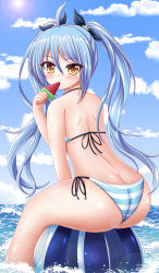 Rule 34 | 1girl, ahoge, artist request, ass, bare shoulders, bikini, blue hair, butt crack, food, from behind, fruit, hair ribbon, highres, king&#039;s raid, long hair, looking at viewer, looking back, popsicle, ribbon, shiny skin, solo, sonia (king&#039;s raid), swimsuit, twintails, very long hair, water, watermelon, yellow eyes