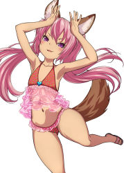 Rule 34 | 1girl, absurdres, animal ear fluff, animal ears, armpits, arms up, bare arms, bare shoulders, bikini, brown footwear, collarbone, commentary request, elin, hair between eyes, heart, highres, long hair, multicolored polka dots, navel, nyama, parted lips, pink hair, polka dot, polka dot bikini, purple eyes, red bikini, sandals, see-through, simple background, solo, standing, standing on one leg, swimsuit, tail, tail raised, tera online, twintails, v-shaped eyebrows, very long hair, white background