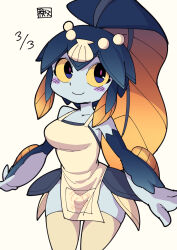 Rule 34 | 1girl, apron, blue hair, blue skin, blush, breasts, chichibu (watson), colored skin, dark blue hair, fins, fish girl, hair ornament, head fins, highres, large breasts, minette (skullgirls), multicolored eyes, scales, shell, shoes, signature, simple background, skullgirls, thick thighs, thighhighs, thighs, white background