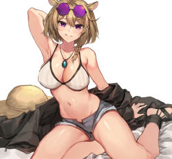Rule 34 | 1girl, :q, absurdres, animal ear fluff, animal ears, arknights, arm behind head, arm up, armpits, bikini, black footwear, blue shorts, breasts, brown hair, cat ears, cleavage, denim, denim shorts, eyewear on head, grey bikini, hair between eyes, hat, highres, jewelry, large breasts, looking at viewer, molyb, navel, necklace, official alternate costume, open fly, shoes, short hair, short shorts, shorts, simple background, sitting, smile, solo, striped bikini, striped clothes, sun hat, sunglasses, swimsuit, swimsuit cover-up, tongue, tongue out, unworn hat, unworn headwear, utage (arknights), utage (summer flowers) (arknights), vertical-striped bikini, vertical-striped clothes, white background, yokozuwari