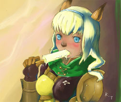 Rule 34 | 00s, 1girl, animal ears, armor, blonde hair, blue eyes, blush, final fantasy, final fantasy xi, food, hand up, holding, ice cream, long hair, mithra (ff11), popsicle, short hair, shoulder pads, solo, upper body