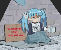 Rule 34 | 1girl, begging, blue eyes, blue hair, bruise, bruise on face, crying, dirty, dirty clothes, dirty face, homeless, injury, long hair, panhandling, personification, poverty, psicochurroz, puzzle piece hair ornament, spotlight, tears, twintails, wikipe-tan, wikipedia