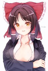 Rule 34 | 1girl, absurdres, black hair, bow, commentary, cookie (touhou), crossed arms, hair bow, hair tubes, hakurei reimu, highres, looking at viewer, office lady, open clothes, open shirt, sananana (cookie), solo, sweat, tail or, touhou, upper body, yellow eyes
