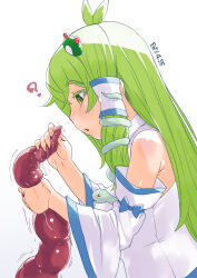 Rule 34 | 1girl, ?, antenna hair, armpit crease, blush, breasts, collared shirt, commentary request, dated, detached sleeves, frog hair ornament, from side, green eyes, green hair, hair between eyes, hair ornament, kei jiei, kochiya sanae, large breasts, long hair, open mouth, profile, shirt, single hair tube, sleeveless, sleeveless shirt, slime (substance), snake hair ornament, solo, tentacle grab, touhou, upper body, white shirt, white sleeves