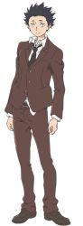 Rule 34 | 10s, 1boy, arms at sides, black hair, black necktie, blouse, brown pants, collared shirt, concept art, full body, ishida shouya, koe no katachi, male focus, necktie, official art, pants, shirt, simple background, solo, spiked hair, white background, white shirt