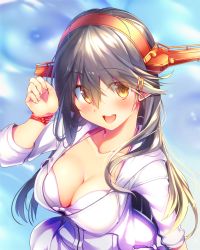 Rule 34 | 1girl, beach, bikini, bikini under clothes, black hair, blush, breasts, cleavage, collarbone, from above, hair between eyes, hair ornament, hairclip, haruna (kancolle), headgear, highres, jacket, kantai collection, large breasts, long hair, looking at viewer, ocean, open mouth, outdoors, solo, swept bangs, swimsuit, tsukui kachou, white bikini, white jacket, wristband, yellow eyes