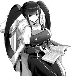 Rule 34 | 1girl, azur lane, blush, book, breasts, cleavage, cross, gloves, greyscale, highres, holding, holding book, hori (hori no su), iron cross, large breasts, long hair, looking at viewer, monochrome, open book, parted lips, peter strasser (azur lane), simple background, sitting, smile, solo, twintails, white background