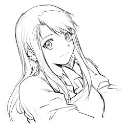 Rule 34 | 1girl, 2022, asymmetrical bangs, closed mouth, collared shirt, cropped torso, dated, floating hair, fullmetal alchemist, greyscale, hair between eyes, highres, long hair, looking at viewer, mini (pixiv6327751), monochrome, shirt, simple background, sketch, smile, solo, straight hair, upper body, white background, wing collar, winry rockbell
