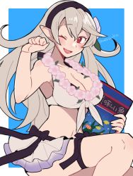 Rule 34 | 1girl, armpits, bikini, bikini skirt, black bow, black hairband, blush, book, bow, breasts, cleavage, collarbone, corrin (female) (fire emblem), corrin (female) (summer) (fire emblem), corrin (fire emblem), do m kaeru, fire emblem, fire emblem fates, fire emblem heroes, flower, flower necklace, frilled skirt, frills, grey hair, hair between eyes, hair flower, hair ornament, hairband, holding, holding book, jewelry, large breasts, long hair, looking at viewer, navel, necklace, nintendo, official alternate costume, one eye closed, open mouth, pink flower, pointy ears, red eyes, skirt, smile, solo, swimsuit, twitter username, white bikini, white skirt