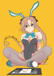 Rule 34 | 1girl, akigumo (kancolle), animal ears, artist name, bare shoulders, black footwear, black leotard, blue bow, blue bowtie, blush, boots, bow, bowtie, brown hair, brown ribbon, commentary, dated, fake animal ears, grey thighhighs, hair ribbon, high heel boots, high heels, holding, kantai collection, leotard, long hair, moke ro, one-hour drawing challenge, pantyhose, playboy bunny, ponytail, rabbit ears, ribbon, simple background, sitting, smile, solo, stylus, tablet pc, thighhighs, twitter username, yellow background