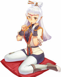 Rule 34 | 1girl, blunt bangs, blush, breasts, brown eyes, commentary request, facial mark, forehead mark, hair ornament, hair stick, hair tubes, japanese clothes, kibamigohann, long hair, looking at viewer, mouth hold, nintendo, pantyhose, paya (zelda), pointy ears, revision, simple background, sitting, solo, tabi, the legend of zelda, the legend of zelda: breath of the wild, wariza, white hair